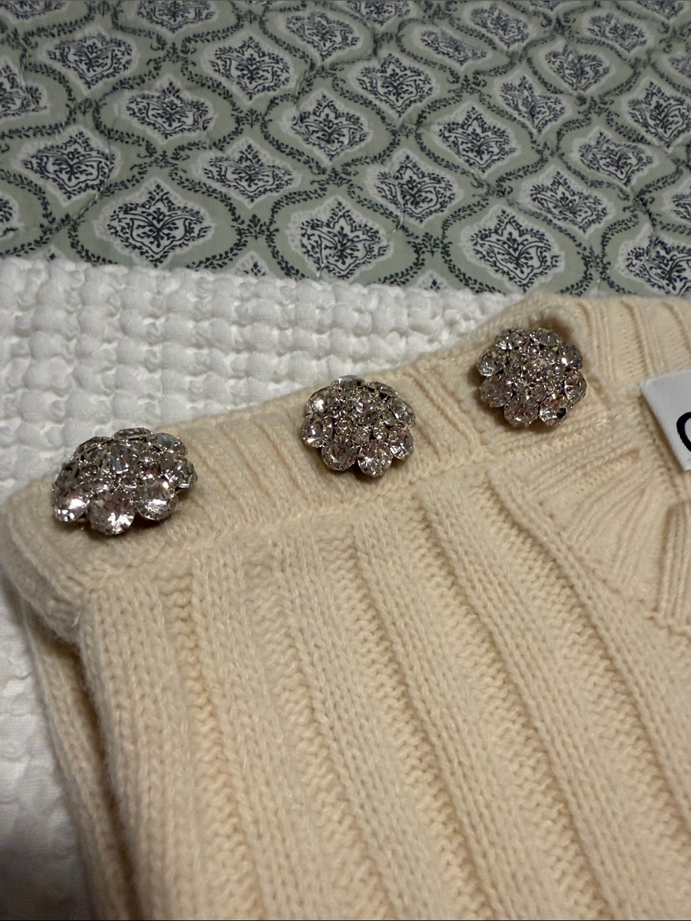 Ganni Cream Ribbed Wool-Blend Sweater Vest with Gem Encrusted Snap Closure - Picture 3 of 7